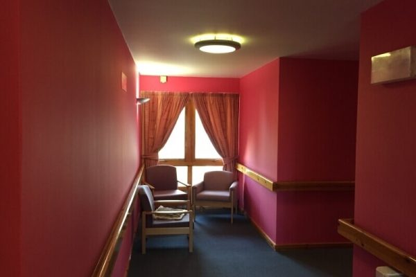 red painted hallway