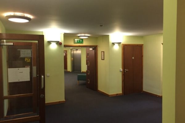 Newly painted hall way with lime green walls and dark wood doors